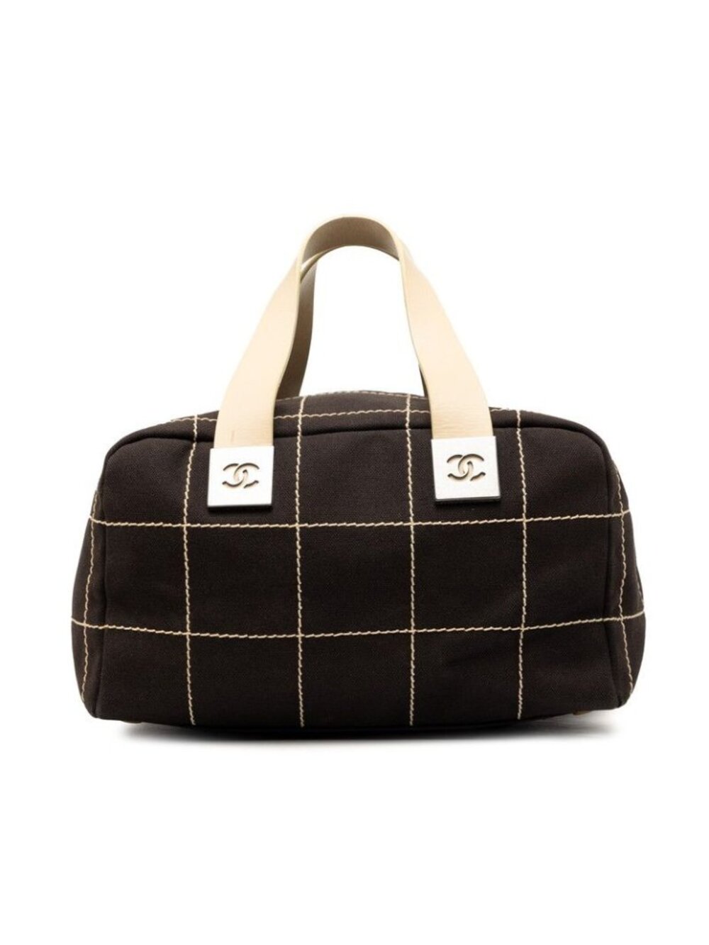 Chanel Choco Bar CC Logo Boston Bag Black Beige Canvas Leather